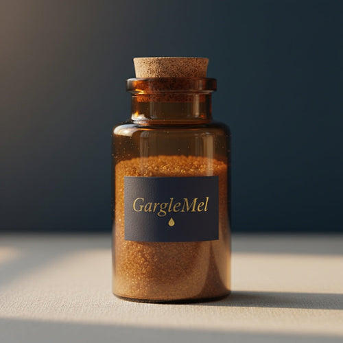 GargleMel Apothecary Jar — amber glass, cork stopper, dry powder inside