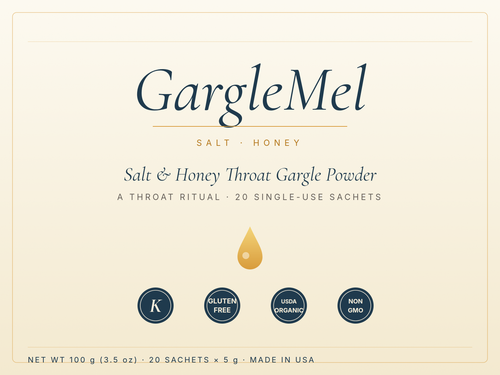 GargleMel Box of 20 — full front label. Salt & Honey Throat Gargle Powder. Kosher, gluten-free, USDA organic, non-GMO.