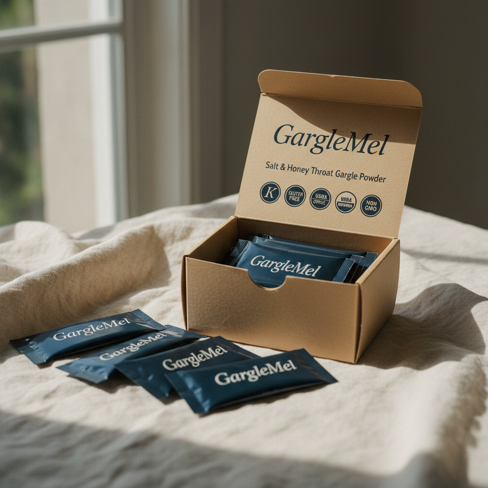 Open GargleMel carton with navy single-use sachets — Salt & Honey Throat Gargle Powder.