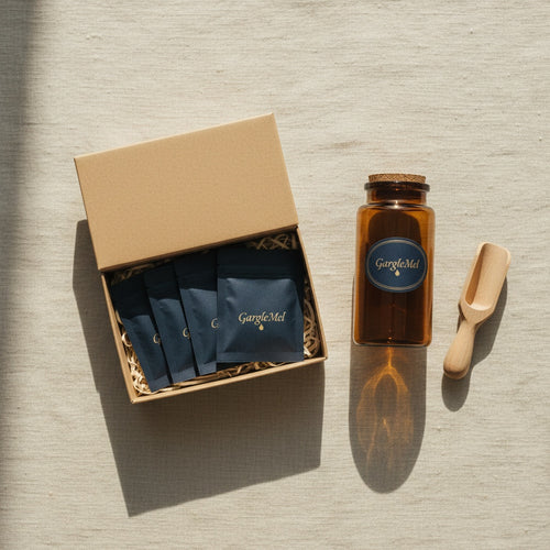 GargleMel Starter Kit — kraft box, amber jar, bamboo scoop