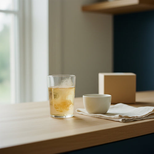 GargleMel on a pale oak kitchen counter in morning light
