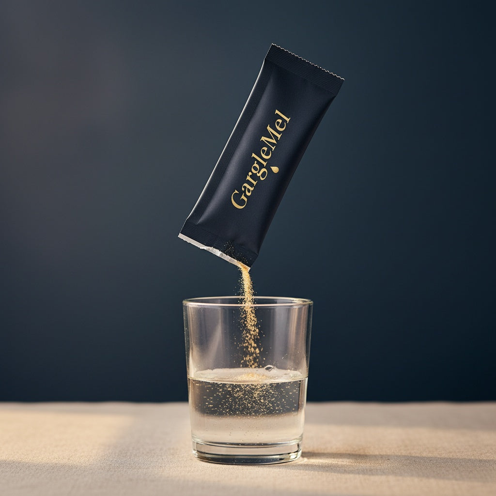 GargleMel kraft carton and dark navy sachets of honey-salt powder on cream linen
