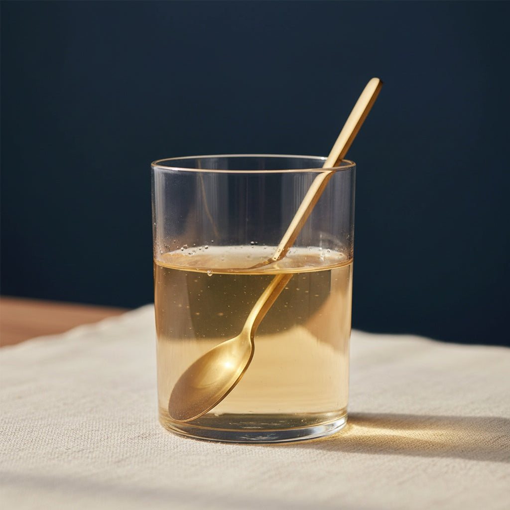 Spoon stirring honey-salt powder into warm water