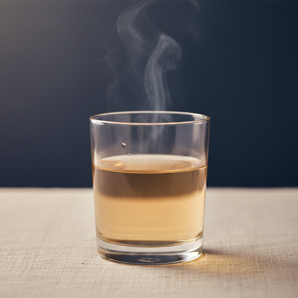 Glass of warm honey-salt gargle on a cream linen surface