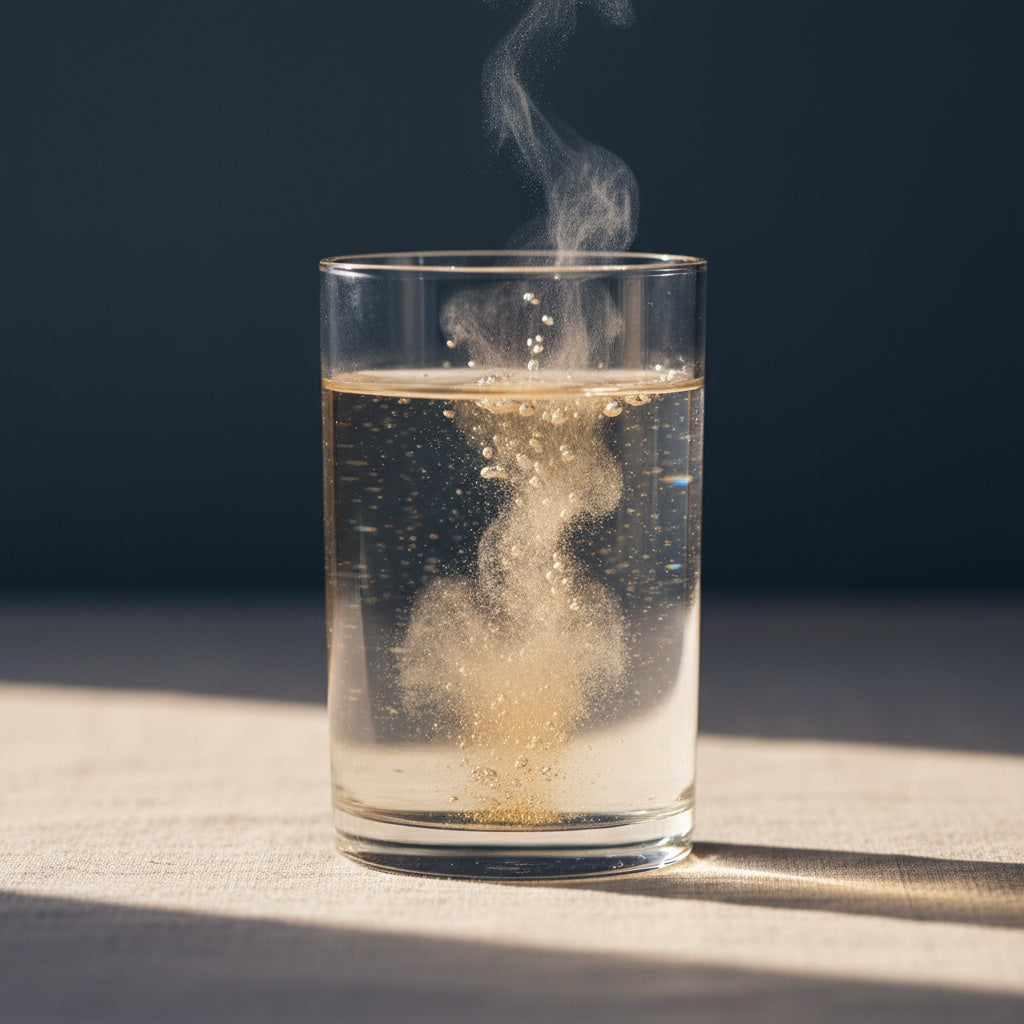 Honey-amber powder dissolving into warm water — salt and honey reconstituting